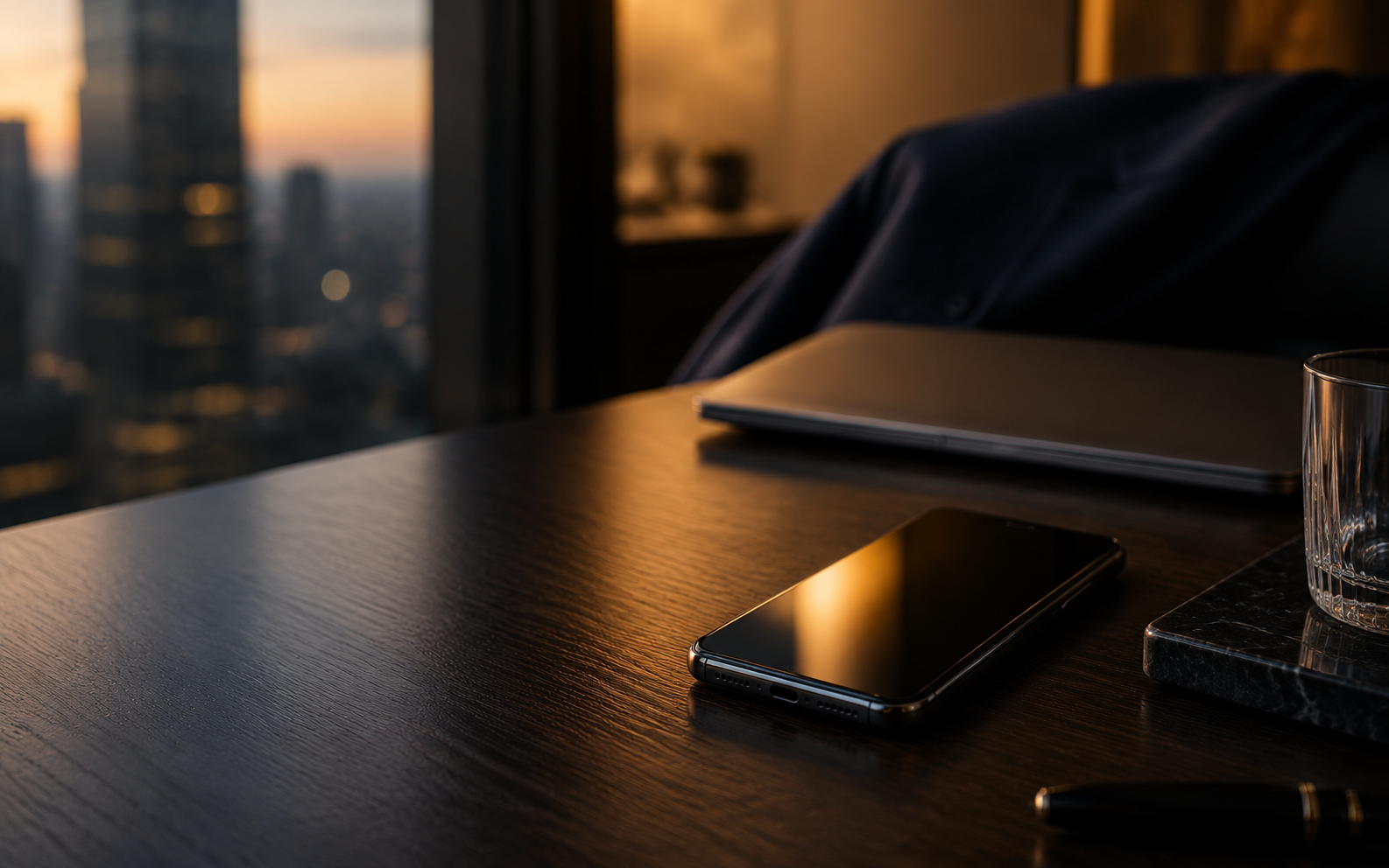Téléphone posé sur une table élégante dans un bureau en fin de journée